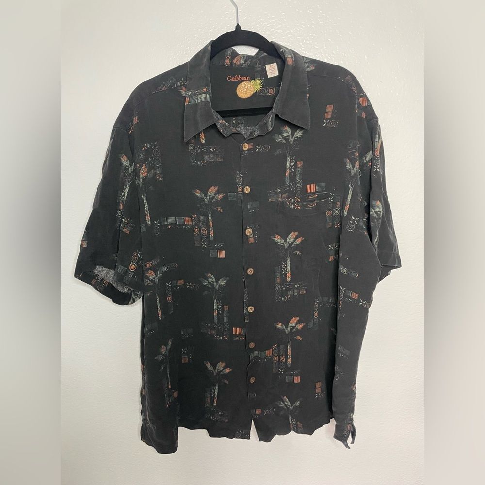 CARIBBEAN HAWAIIAN BUTTON DOWN SHIRT 97% SILK MENS 2X SHORT SLEEVE TROPICAL